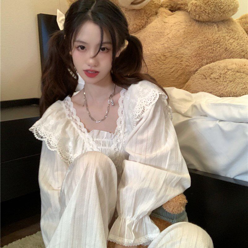 睡衣女春秋季新款甜美法s式复古宫廷风荷叶边长袖长裤家居服套装