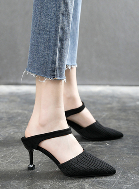 大码41-43凉鞋夏m女加宽尖头黑色高跟鞋细跟包头半拖鞋小码313233