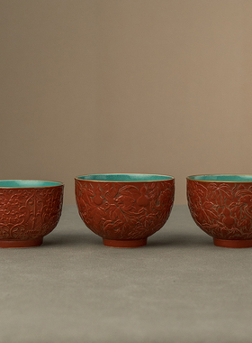 清代仿剔红釉葫芦纹杯成套(一套三只)文玩M古董瓷器收藏茶具茶杯