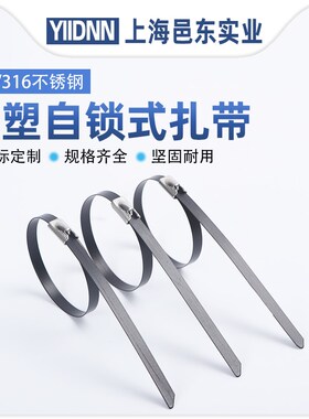 304不锈钢喷塑滚珠自锁式扎带316金属I捆绑带黑色船用电缆打包扎