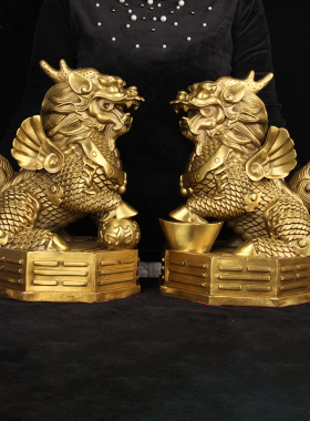 铜八卦麒麟摆件  铜v麒麟摆件 公母一对 铜麒麟摆件