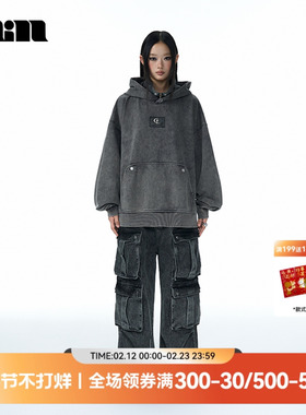 QUARTER IN NIGHT 秋新美式复古logo皮标做旧洗褪连帽情侣卫衣潮