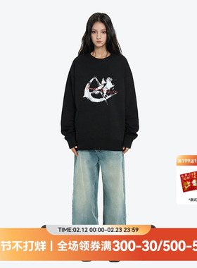 QUARTER IN NIGHT星月“马”做旧印花圆领卫衣 美式复古休闲街头