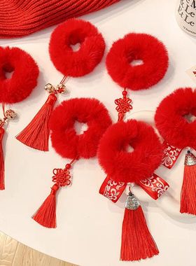 古风中国风头饰儿童宝宝新年红色毛球发圈汉服丸子头头花过年发饰