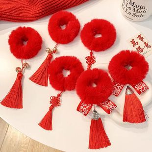 古风中国风头饰儿童宝宝新年红色毛球发圈汉服丸子头头花过年发饰