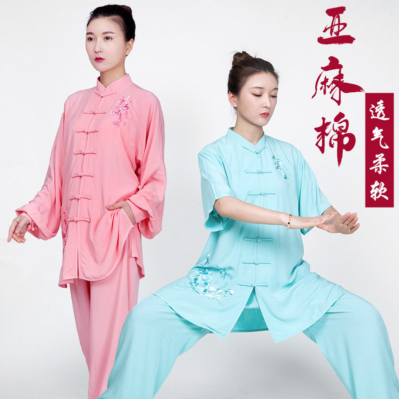 太极服女夏季飘逸亚麻棉麻短袖练