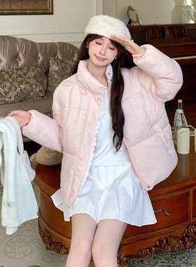 实拍韩版甜美粉色蝴蝶结立领棉服女新款小个子加厚面包服棉衣外套