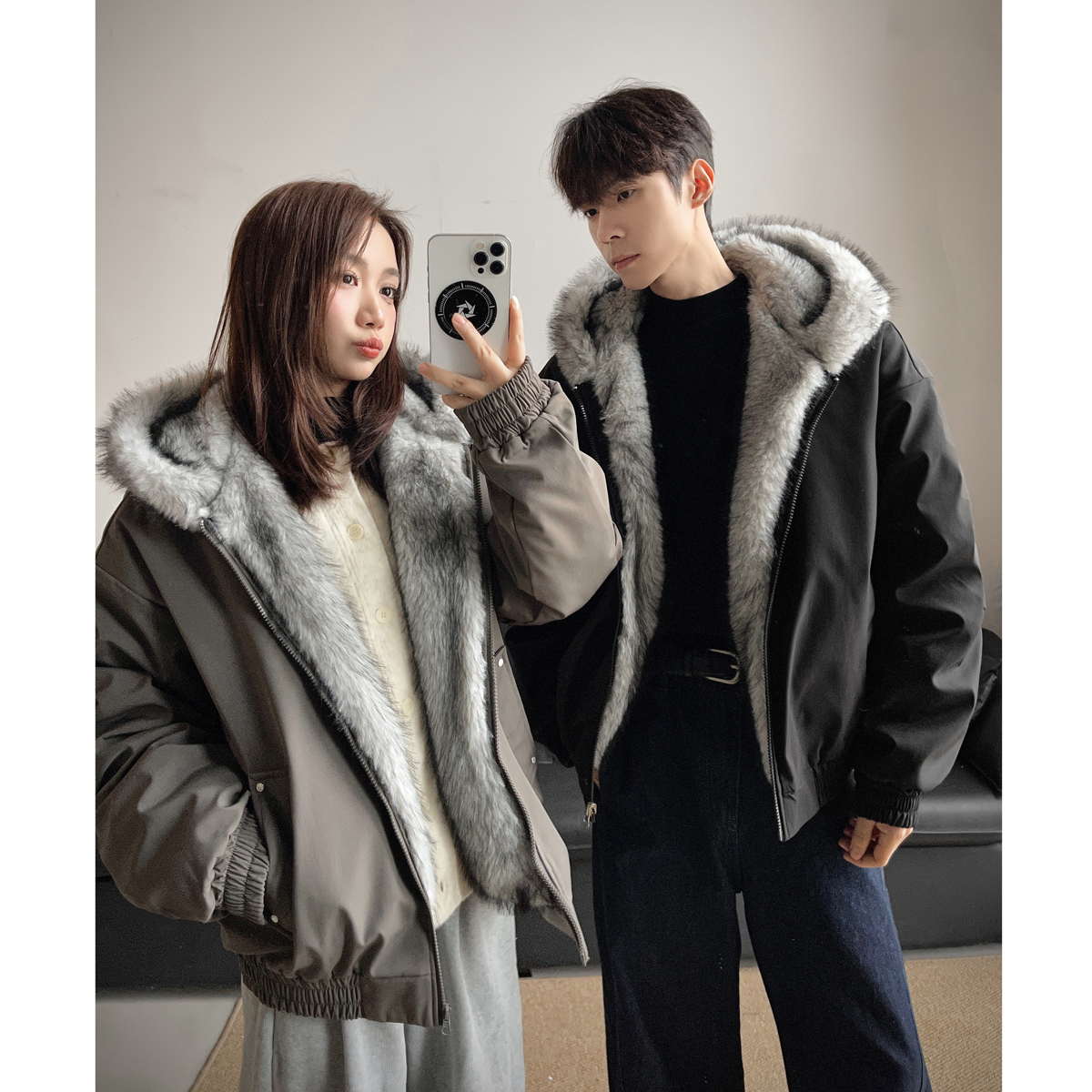 25年新款雕绒情侣大毛领连帽棉衣加厚冬季派克服加绒加厚短外套