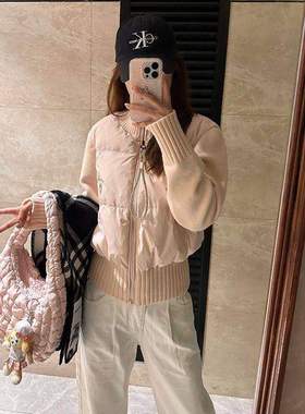 甜美温柔针织拼接设计感立领棉服女2024冬季新款修身短款棉衣外套