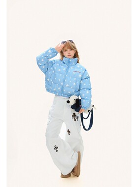 美式星星满印立领短款棉服女冬季保暖外套加厚面包服棉衣