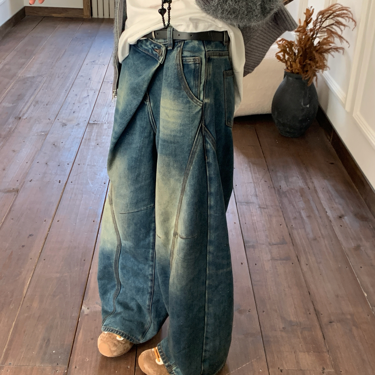 25年新款秋冬季宽松加绒显瘦小众洋气休闲直筒宽松牛仔裤(配腰带)