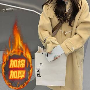 毛呢外套女2025新款黄色牛角扣大衣秋冬季加厚小个子韩系温柔风衣