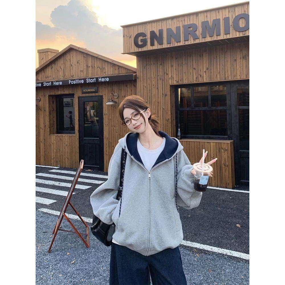 韩系连帽长袖撞色卫衣女2025秋季新款宽松灰色设计感拉链外套上衣