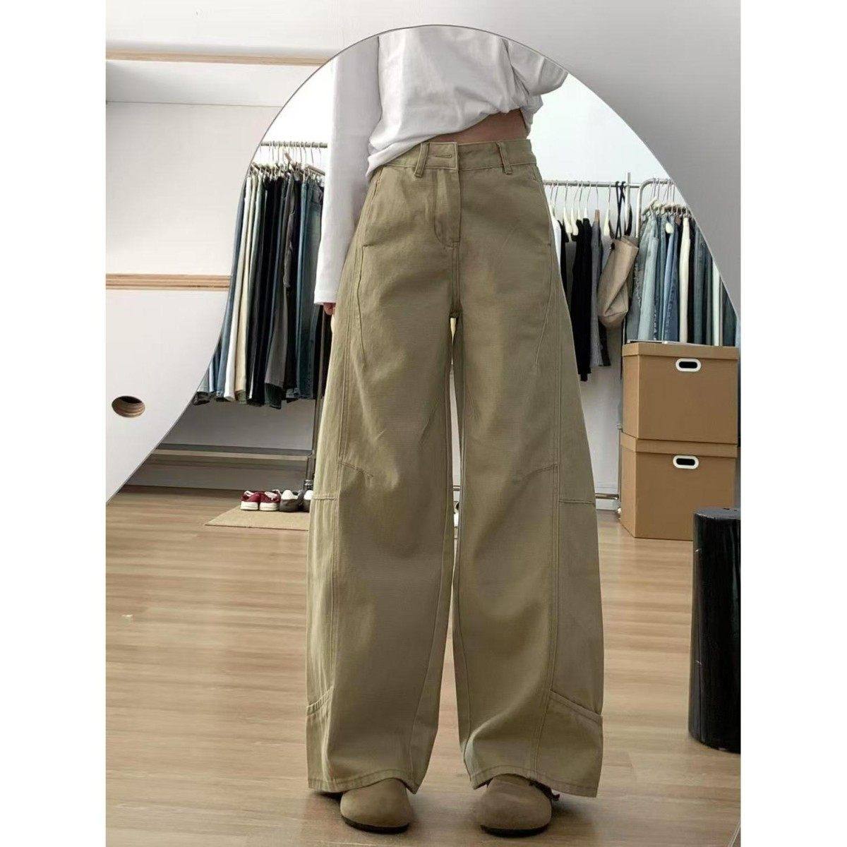 大码美式高街牛仔裤女春秋新款胖mm直筒裤高腰拖地裤休闲阔腿长裤