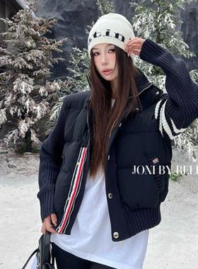 韩系学院风设计感拼接针织棉服男女秋冬独特别致立领轻薄棉衣外套