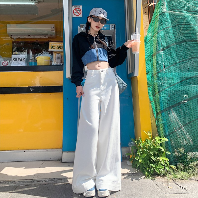 白色高腰b阔腿牛仔裤女2025春夏季新款宽松显瘦垂感拖地直筒长裤