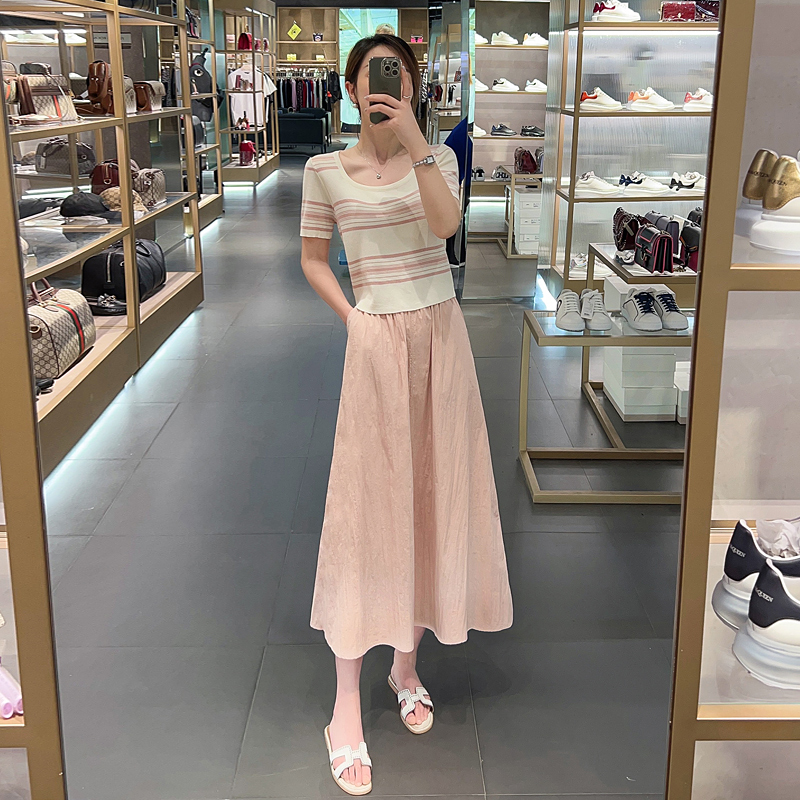 时尚半身裙套装女夏2025新款针织衫女装雪纺O洋气时髦两件套连衣