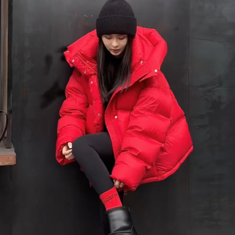 红色羽绒棉服女短款冬季新款小个B子加厚保暖面包服连帽棉衣外套