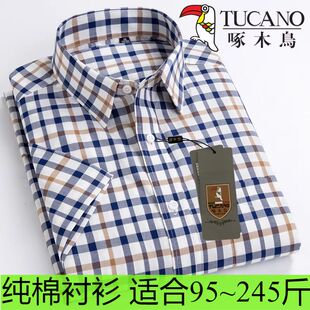 TUCANO/啄木鸟新款纯棉格子短袖衬衫男装休闲全棉免熨短袖衬衣