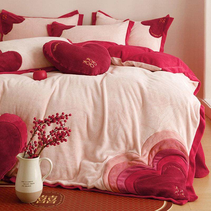 美谊家纺喜被冬天牛奶绒四件套加厚珊瑚绒渐变色结婚大红婚庆床品,床上用品,婚庆床品套件,淘宝优惠券,粉丝福利购,淘宝优惠卷