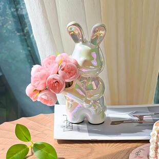 抱花兔杜鹃花假花彷真花摆设玄关餐桌装饰品家居桌面花艺小摆件