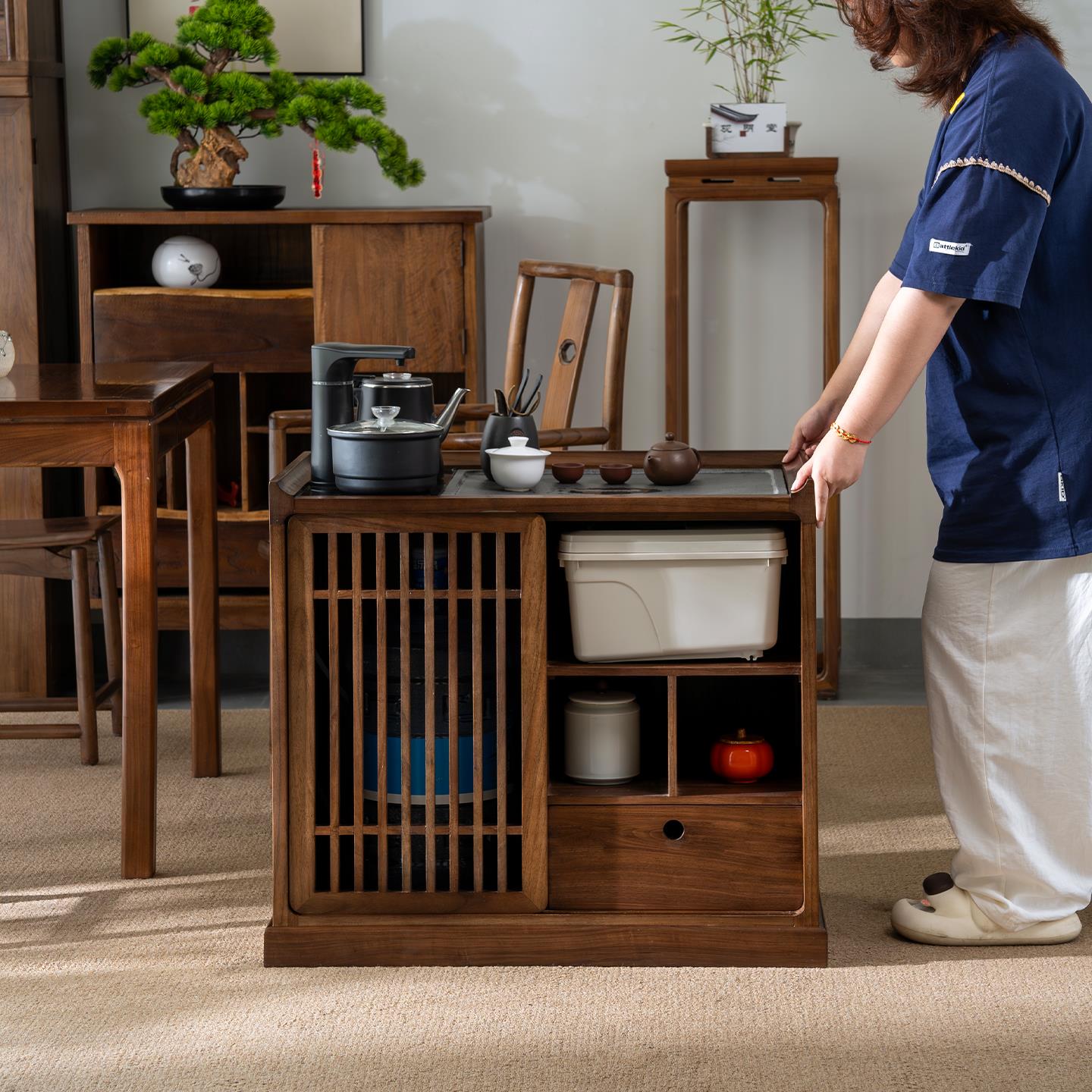 中古边几茶水柜实木餐边柜新中式茶桌沙发侧边柜烧水壶一体可移动