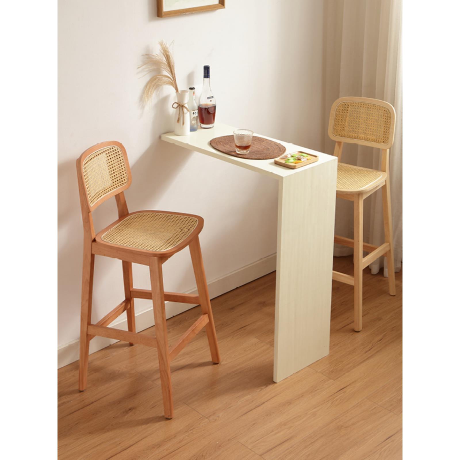 北欧实木吧台椅家用岛台椅侘寂风椅子藤编吧椅酒吧椅高脚靠背凳子