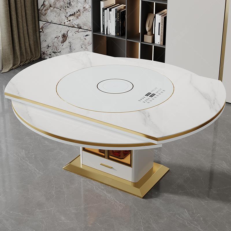 内嵌转盘岩板餐桌家用大小户型轻奢现代多功能电磁炉饭桌可变圆形