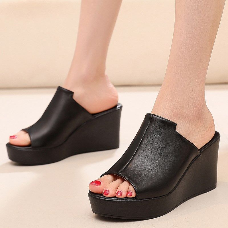 真皮坡跟厚底室外拖鞋松糕33码高跟43码试衣间一字拖时尚凉拖鞋女,女鞋,一字拖,淘宝优惠券,粉丝福利购,淘宝优惠卷