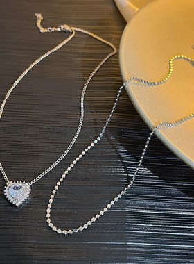 韩国双层叠戴爱心项链女轻奢小众设计感碎银子锁骨链高级气质颈链
