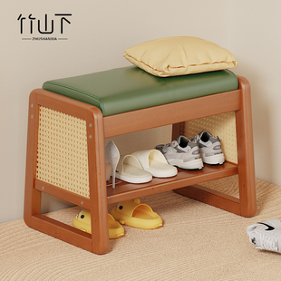 换鞋凳家用门口实木藤编入户长条穿鞋凳鞋柜坐凳一体玄关可坐鞋架