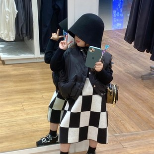 2023冬季女童新款棋盘格半身裙长裙子羽绒棉P马甲打底毛线衣套装