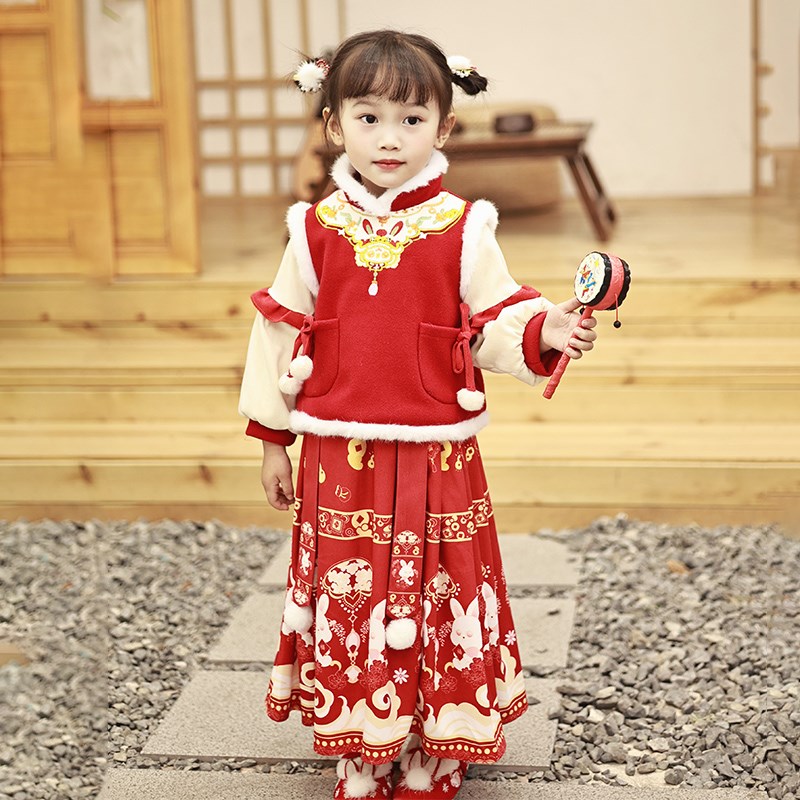 拜年服女童d加厚儿童汉服冬季中国风日常喜庆服拜年国风女孩套装