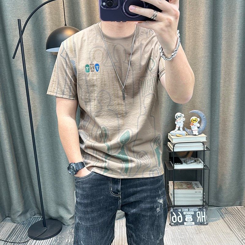 满身印花短袖t恤衫2025夏季新款高端麻料棉麻半袖体恤衫修身上衣,男装,T恤,淘宝优惠券,粉丝福利购,淘宝优惠卷