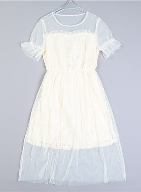 216法式网纱蕾丝短袖连衣裙Lw79623夏季甜美小众高腰A字超仙女长