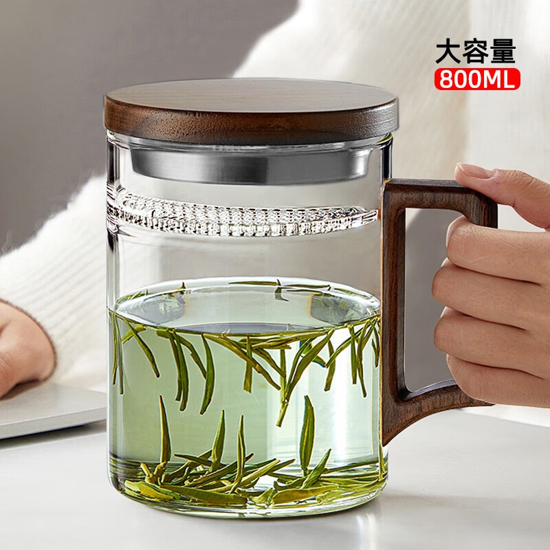 茶杯大容量玻璃杯水n杯泡茶月牙杯茶水分离男士专用喝水过滤杯绿