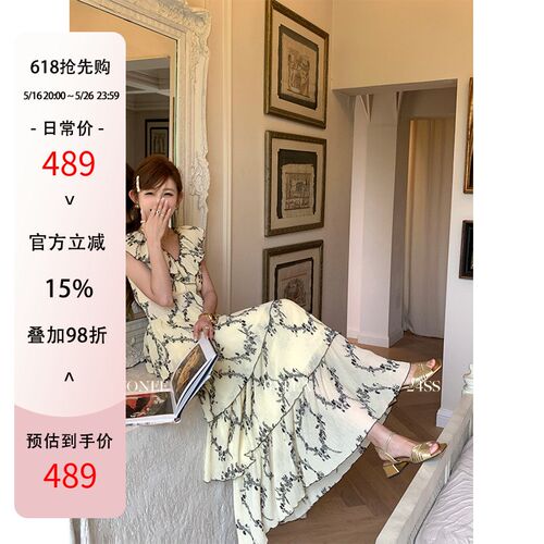 ZONEE 南法绮l梦 法式秋夏款高级设计感气质时髦V领黄色碎花连衣