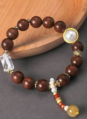 新中式金丝檀木白水晶串珠手链女文艺复古金发晶贝珠手串手饰