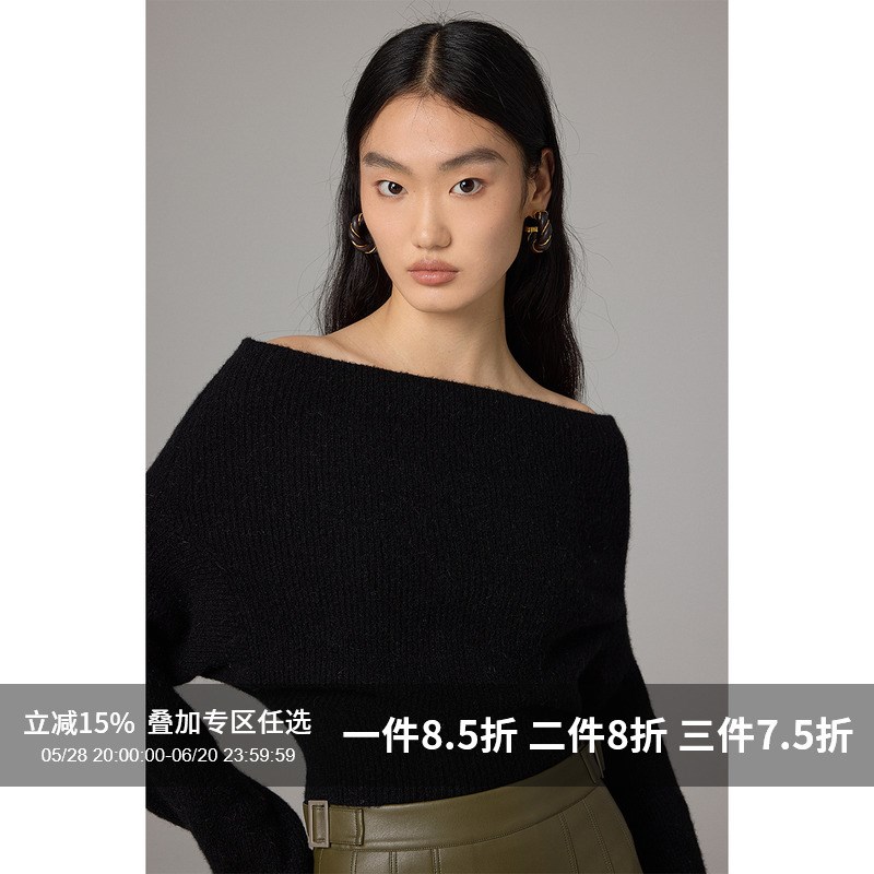 (棘光 多件多折)o夹花羊驼毛 上下两穿一字肩紫色毛衣女秋上衣