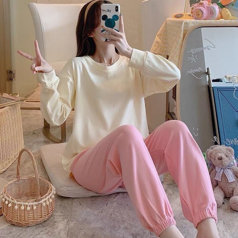 睡衣女春秋季长袖韩版学生宽松夏秋E冬简约棉质卡通外穿家居服套