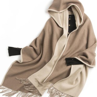 内蒙古纯羊毛双面披肩带帽女士斗篷秋冬保暖围巾空调披肩挡风外套