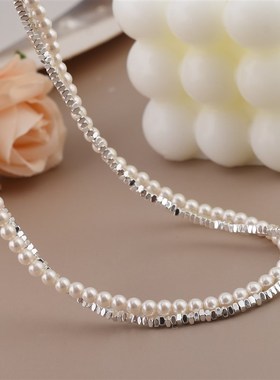 碎银子珍珠缠绕双层叠戴项链女秋冬高级感小众轻奢颈链毛衣链配饰