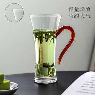 绿茶杯高硼硅玻璃雕花水杯喇叭口喝水杯子带把细腰办公杯茶水杯