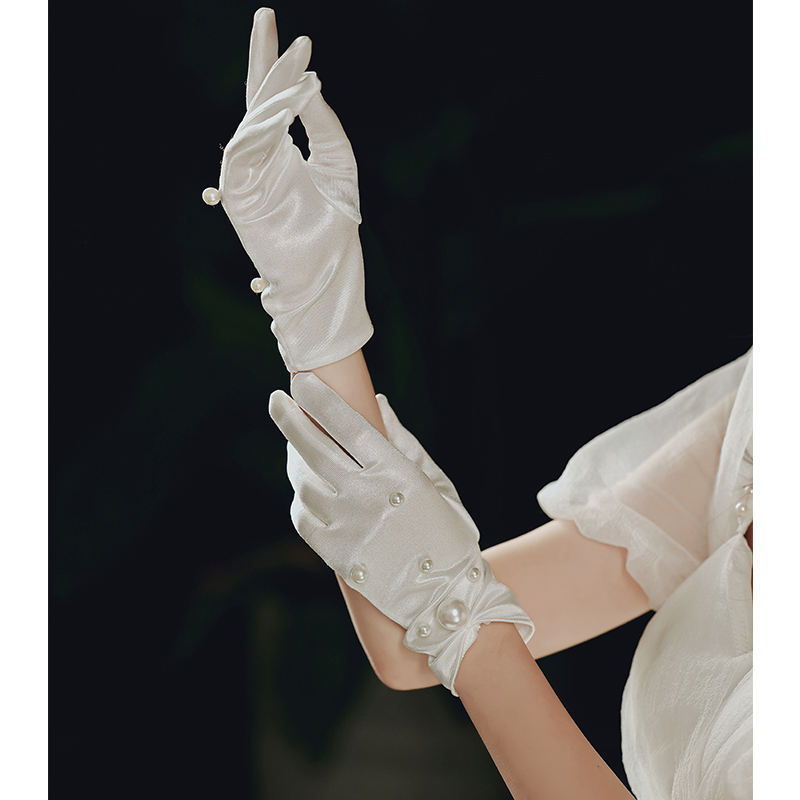 白色手套复古赫本风优雅珍珠礼服高级新娘婚礼主婚纱结婚配饰缎面