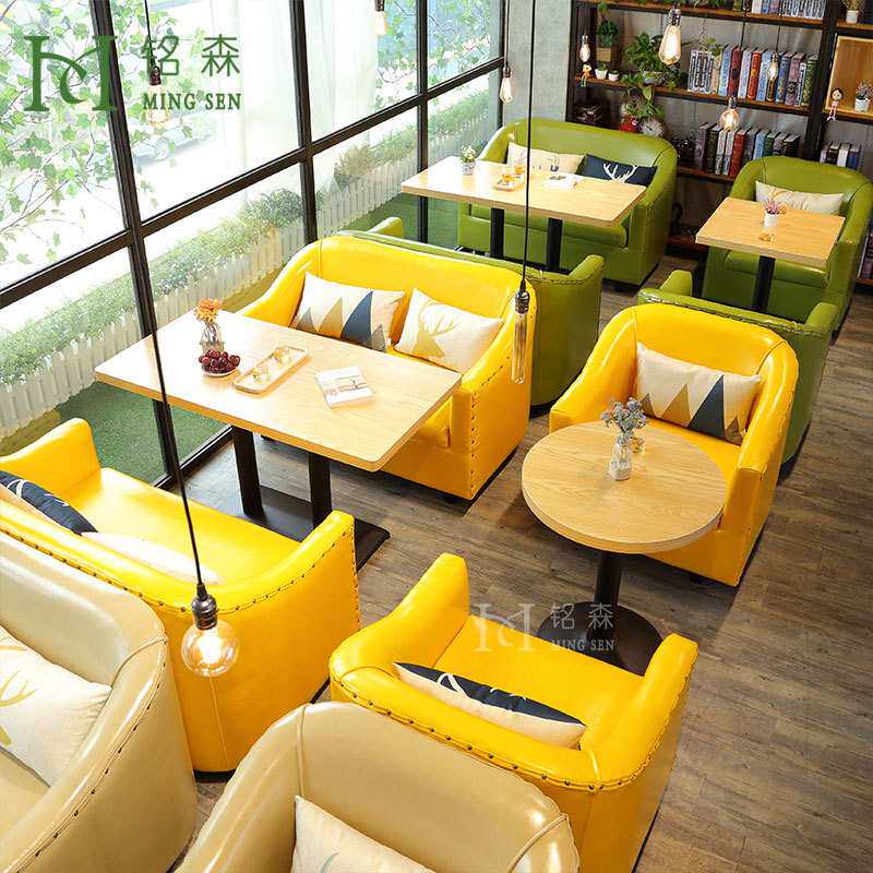 简约现代皮艺咖啡厅沙发桌椅组合西餐厅卡座双人休息区洽谈小沙发