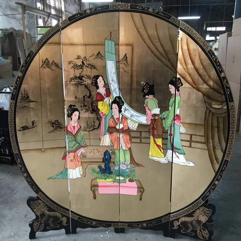 至高美金箔圆形折叠屏风手工彩绘下棋赏画明清古典家具装饰背景墙