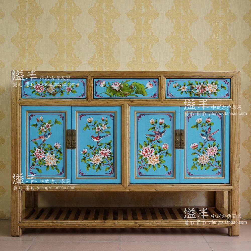 现代新中式仿古实木老榆木彩绘彩漆花鸟鞋柜玄关柜手绘储物客厅柜