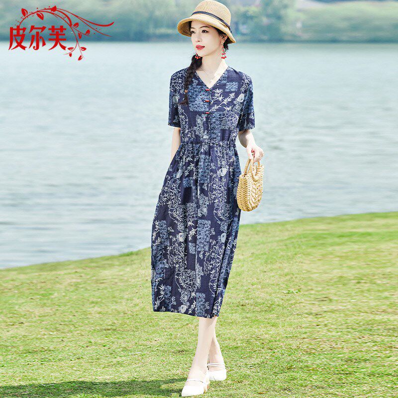 棉麻中长款碎花连衣裙2022夏季新款复H古民族风减龄遮肚子妈妈热