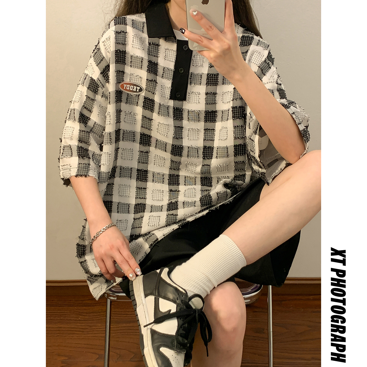 XZ105C-HT31-P48-2024夏季新款百搭宽松休闲时尚相色格子POLO衫