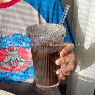 简约家用水杯ins风竖牛奶饮料杯带盖颜值吸管杯咖啡杯纹高玻璃杯